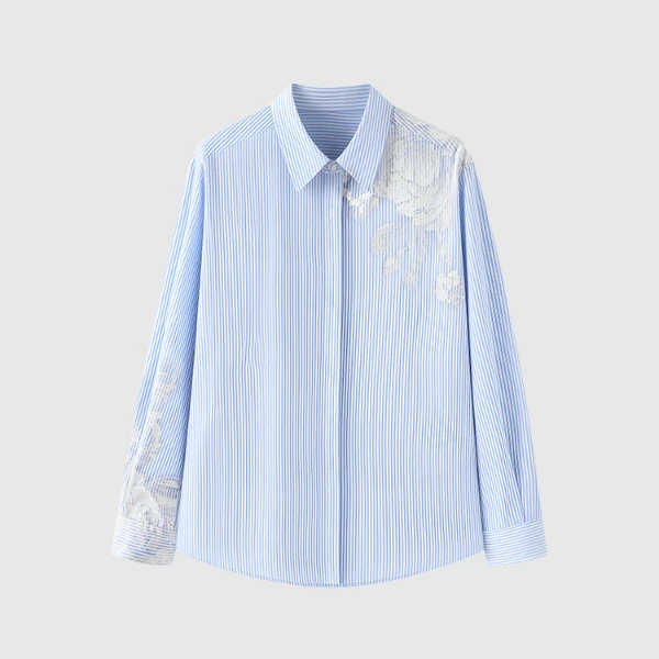 Childe Yao100高支棉蓝白条纹水墨晕染翻领长袖衬衫女CYC55125