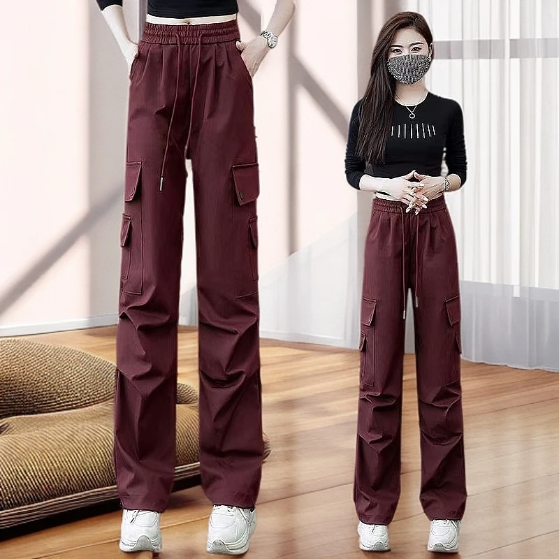 2025新款美式工装裤女春秋爆款高腰宽松显瘦多口袋运动直筒阔腿裤