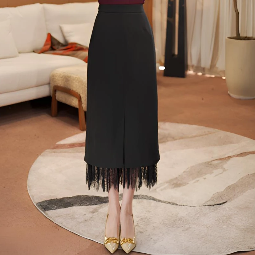 MEXCOCO/兰瑟儿秋季新款气质优雅蕾丝花边开叉半身裙105QA0150