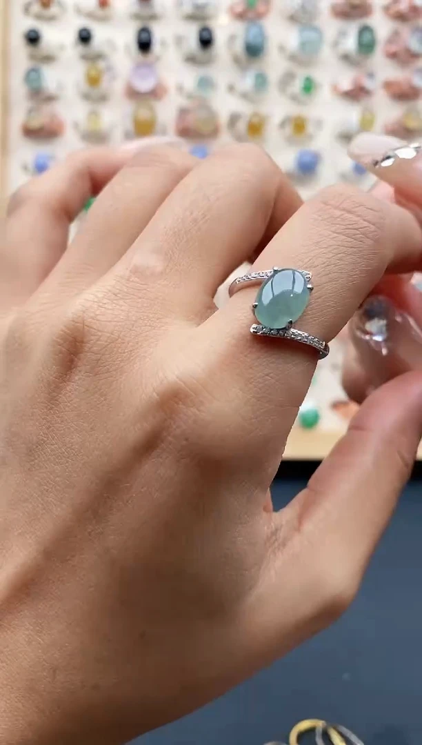 【闪购商品】翡翠戒指银S925镶嵌缅甸天然A货翡翠444  2+10