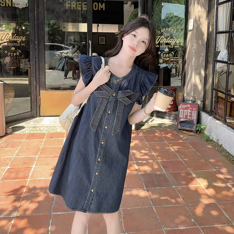 D3125重工蝴蝶结设计飞飞袖显瘦时尚新款牛仔连衣裙