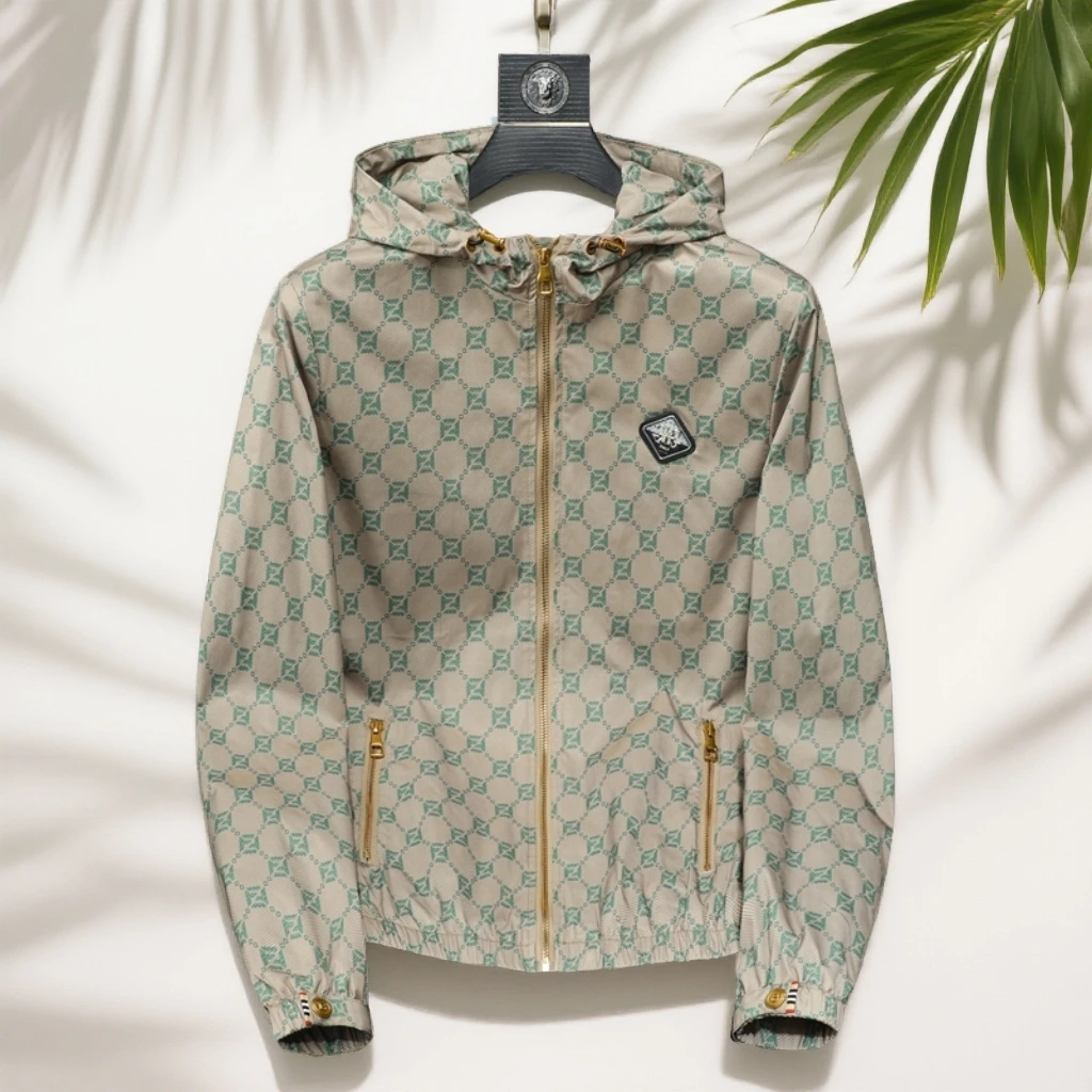 男休闲夹克连帽秋季新款字母满印连帽冲锋衣休闲帅气修身夹克衫潮