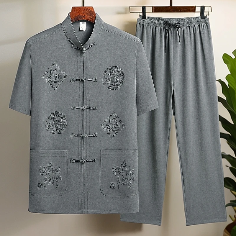 中老年唐装男士短袖套装夏季中国风汉服男装爸爸衬衫老人爷爷衣服