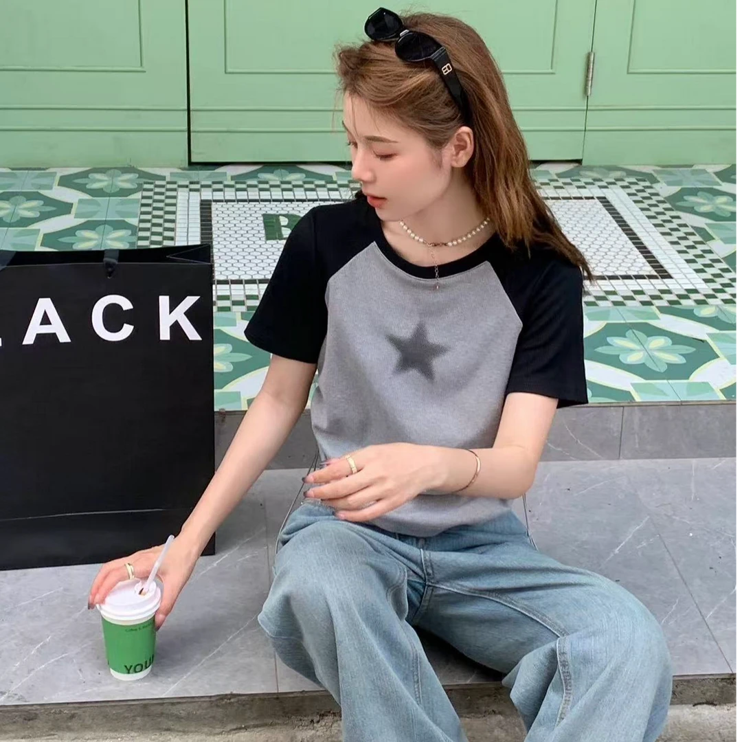 明星同款五角星精梳棉抽绳T恤高品插肩短袖时尚拼接气质韩版简约