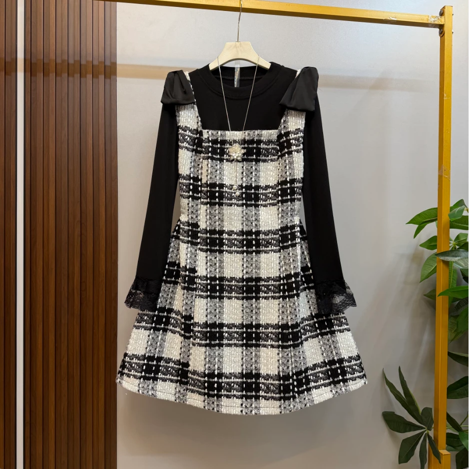 新款大码女装时尚洋气法式简约格子背带裙十打底衫两件套套装