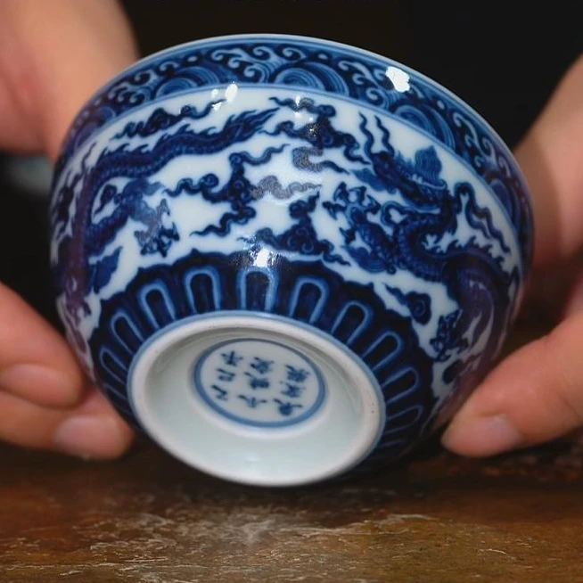 【不晓堂】柴窑青花龙纹缸杯-内灵芝纹