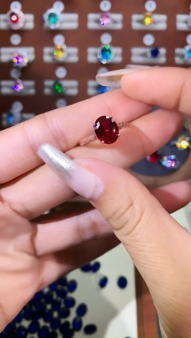 银S925镶嵌戒指红宝石810酒红玫瑰金