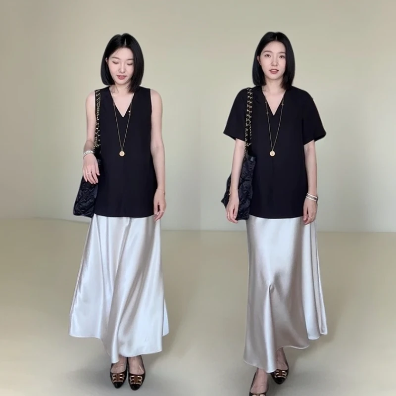 天丝短袖亚麻衬衫女V领显瘦无袖上衣夏季新款缎面气质鱼尾半身裙