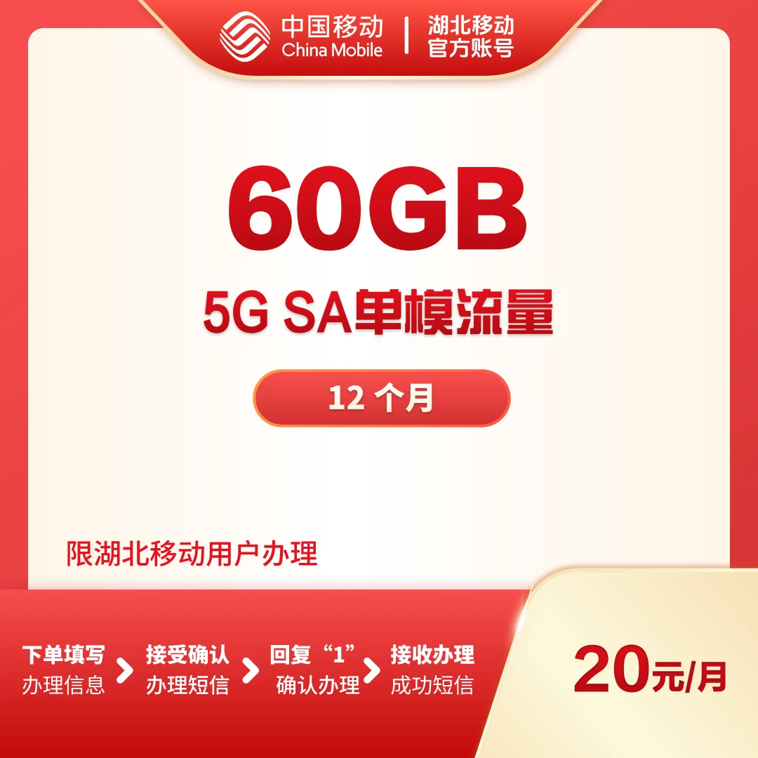 【流量包】60GB荆楚5G SA单模流量月包12个月-限湖北本地5G使用