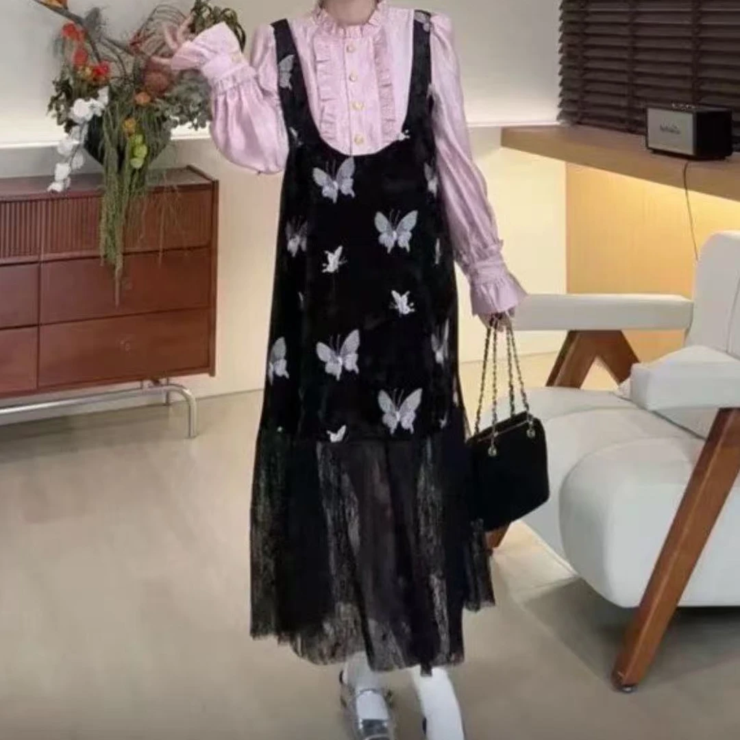 秋季宽松长裙宽松腰百搭绣花A字裙吊带连衣裙9196