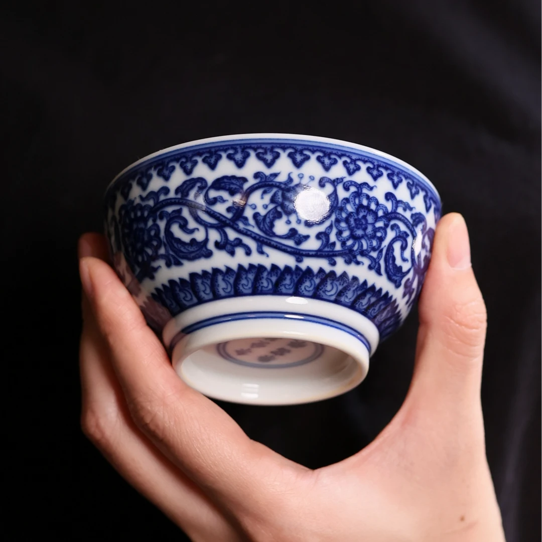 柴窑仿清缠枝莲青花瓷陶瓷主人杯大号品茗杯约130CC茶杯