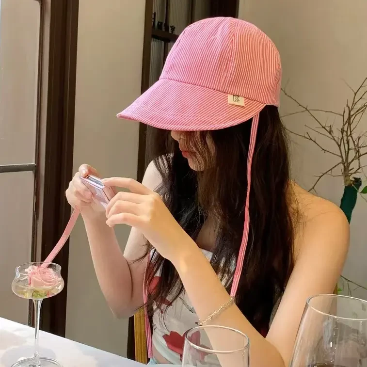 春夏新款小清新条纹渔夫帽子女百搭出游防晒遮阳帽显脸小圆顶盆帽