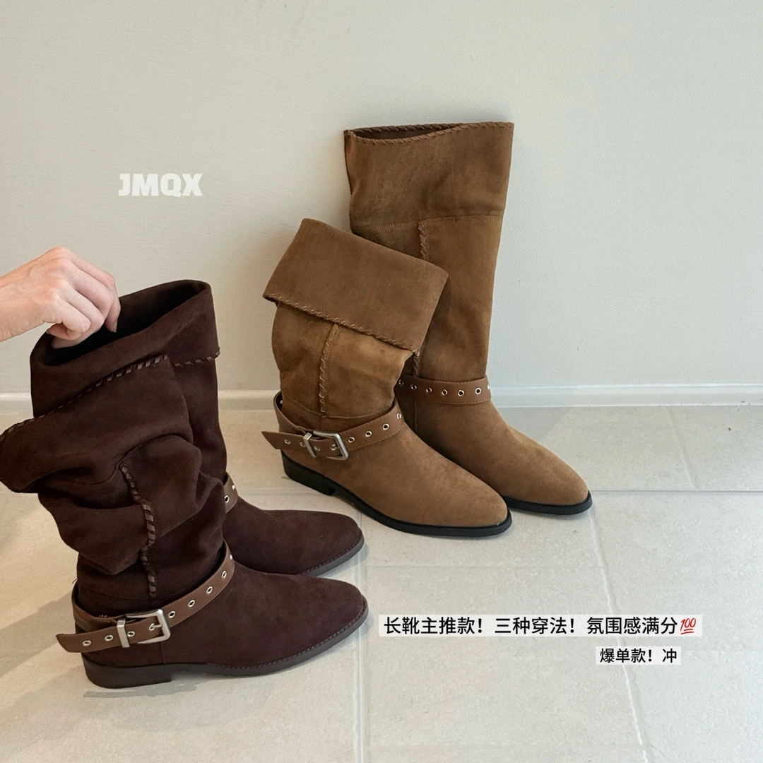 真皮堆堆靴2025秋冬新款粗跟扣带西部牛仔英伦风骑士靴休闲高筒靴