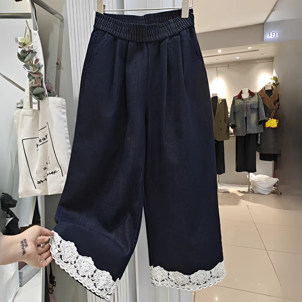 韩系复古蕾丝拼接九分牛仔裤阔腿裤女2025夏季洋气松紧高腰直筒裤