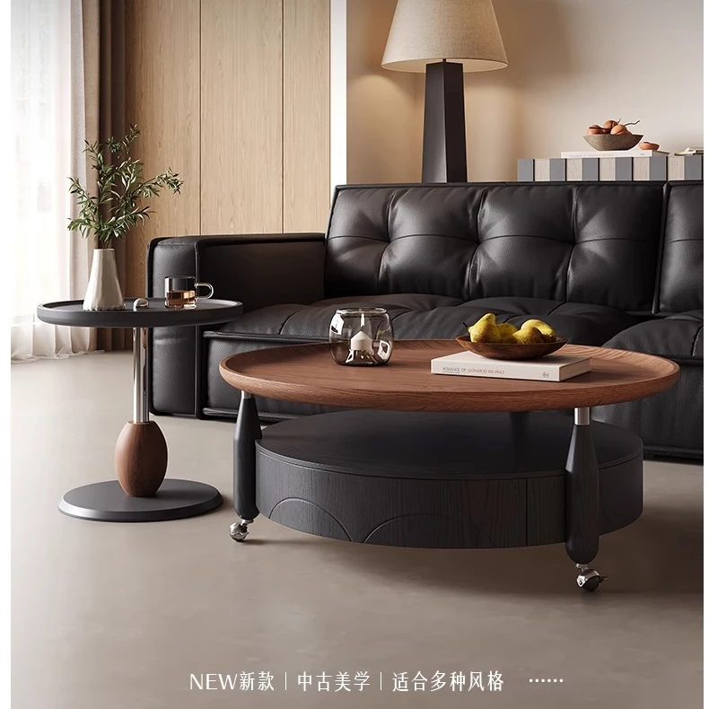 意式可移动收纳圆形实木茶几家用轻奢高级感小户型圆桌创意设计师