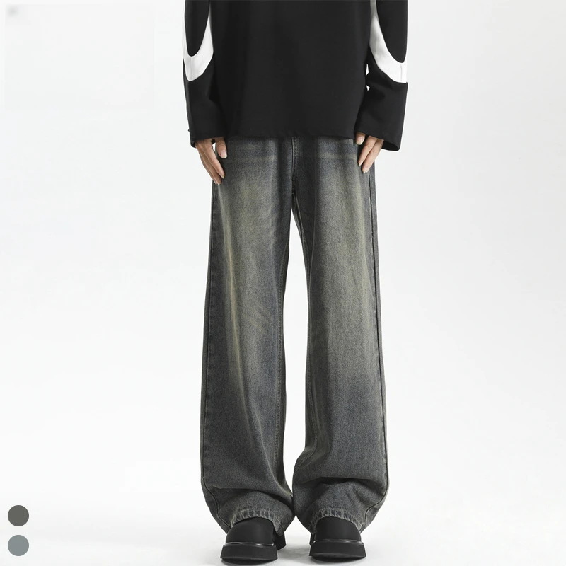 美式复古阔腿牛仔裤男秋季vibe高街水洗拖地长裤宽松直筒休闲裤子