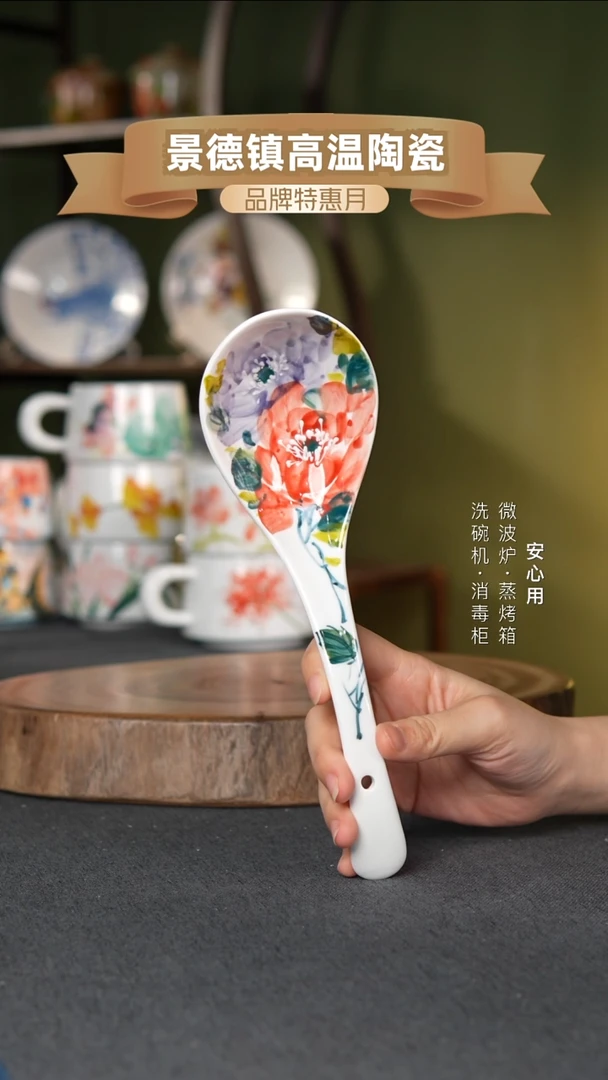 瓷景德镇高温手绘大汤勺双色牡丹