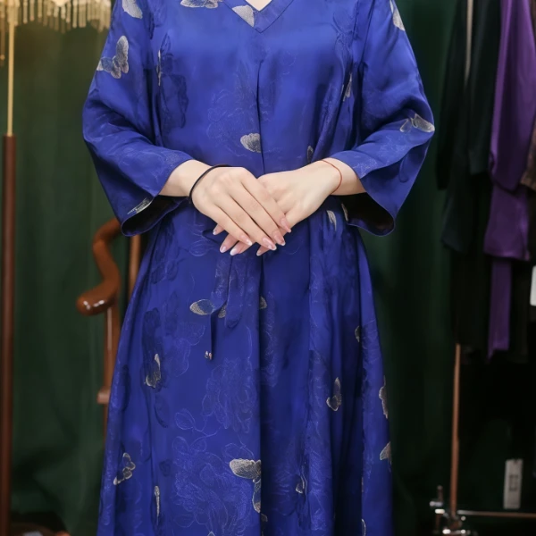 蓝海早秋秋季气质新中式复古国风中长款领收腰设计师女士连衣裙H