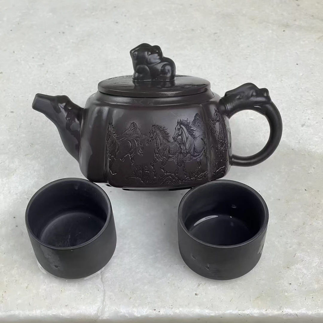 【闪购商品】马到成功深井老紫泥四方壶（带两杯）