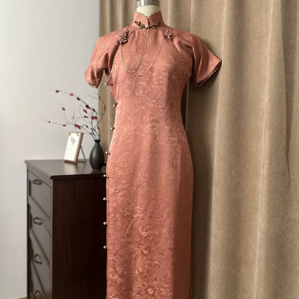 肆时花「温乎如莹」一片式正绢修身禁古法手工旗袍礼服（无配饰）