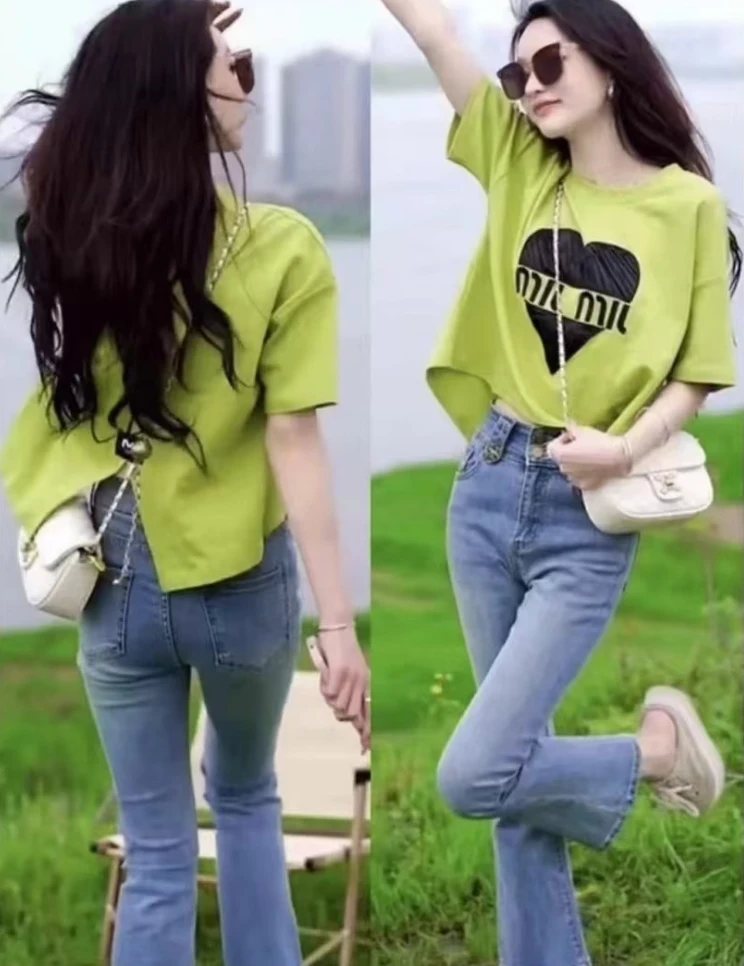 夏季新款时尚圆领后背开叉短袖T恤女百搭设计感洋气显瘦上衣