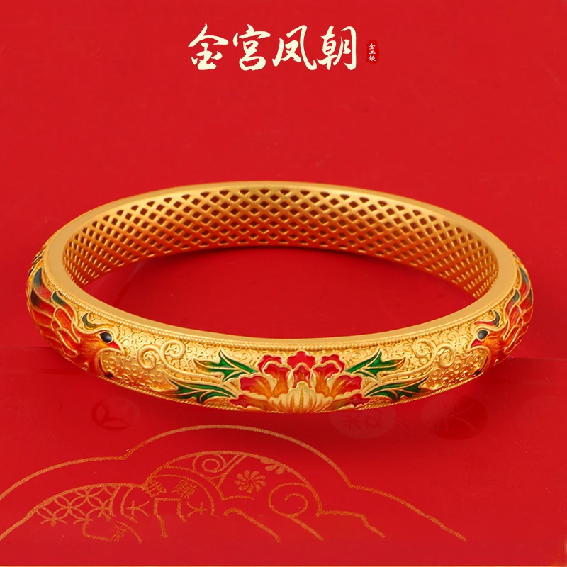 足银珐琅手镯 金宫凤朝 凤舞牡丹手镯女士时尚古风国风珐琅彩高工