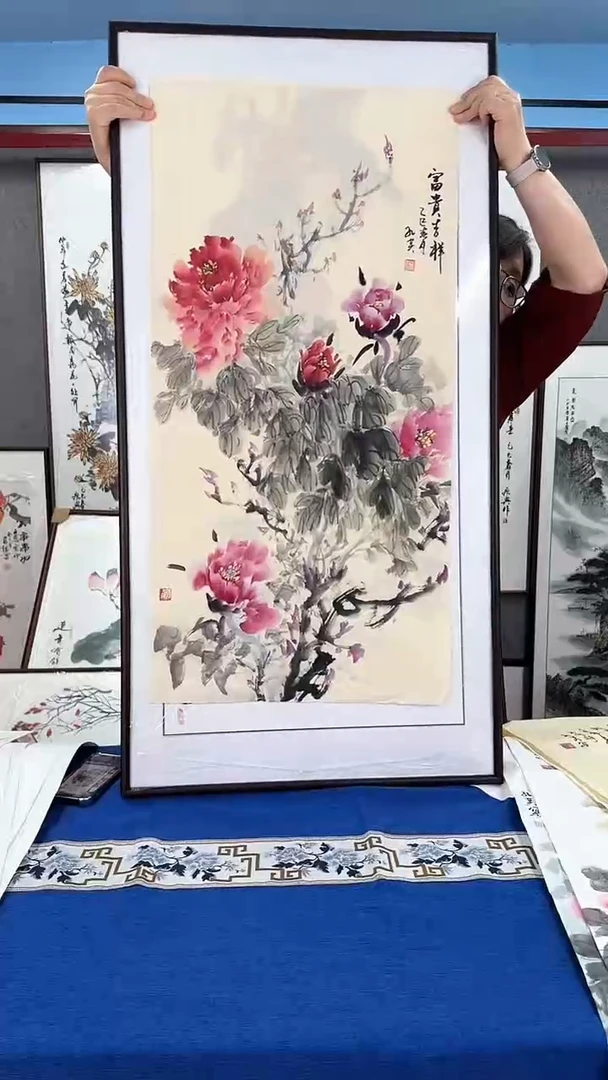 国画实木装裱 牡丹 60*120