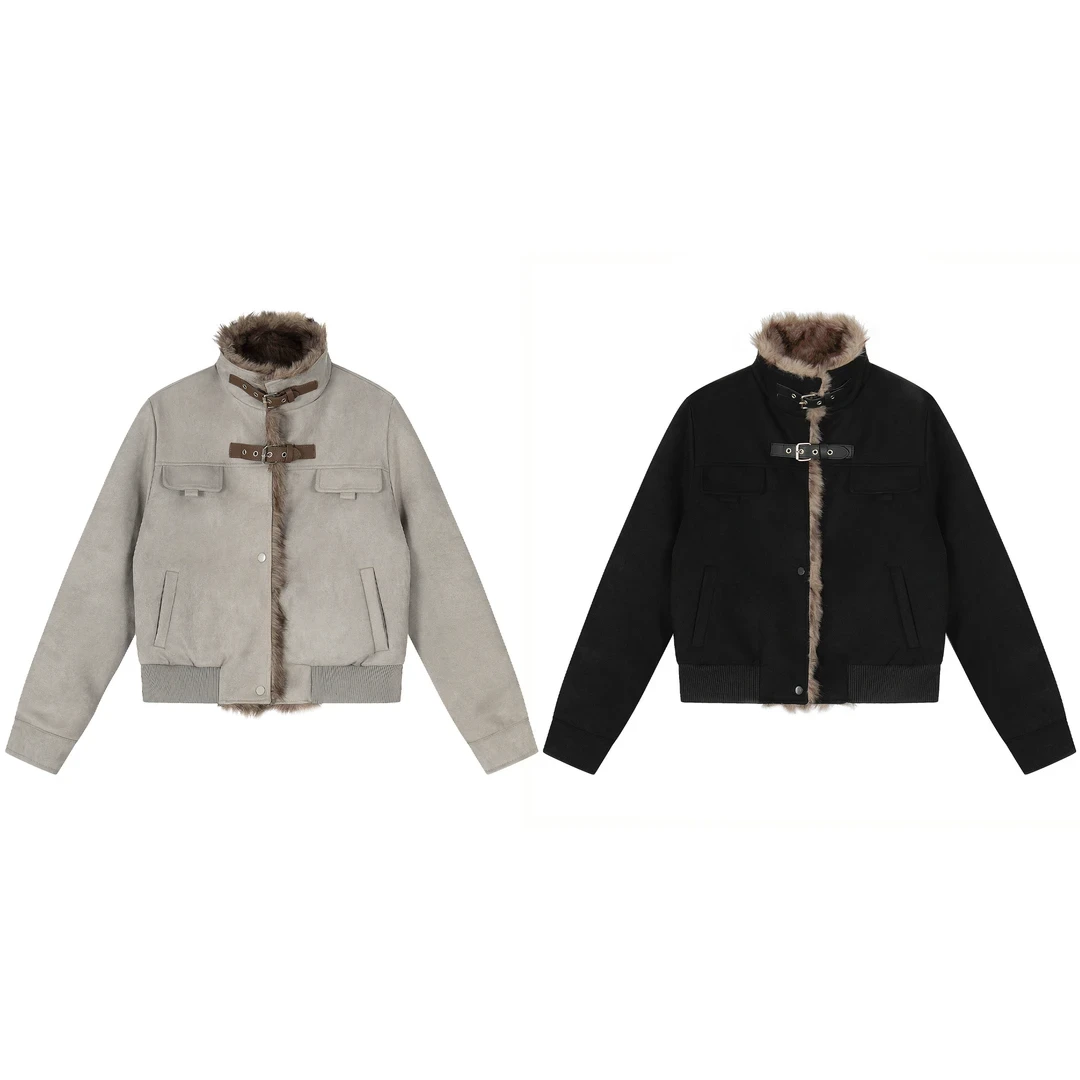 FANGWNG美式毛领拼接立领麂皮绒棉衣加绒加厚宽松夹克男女外套