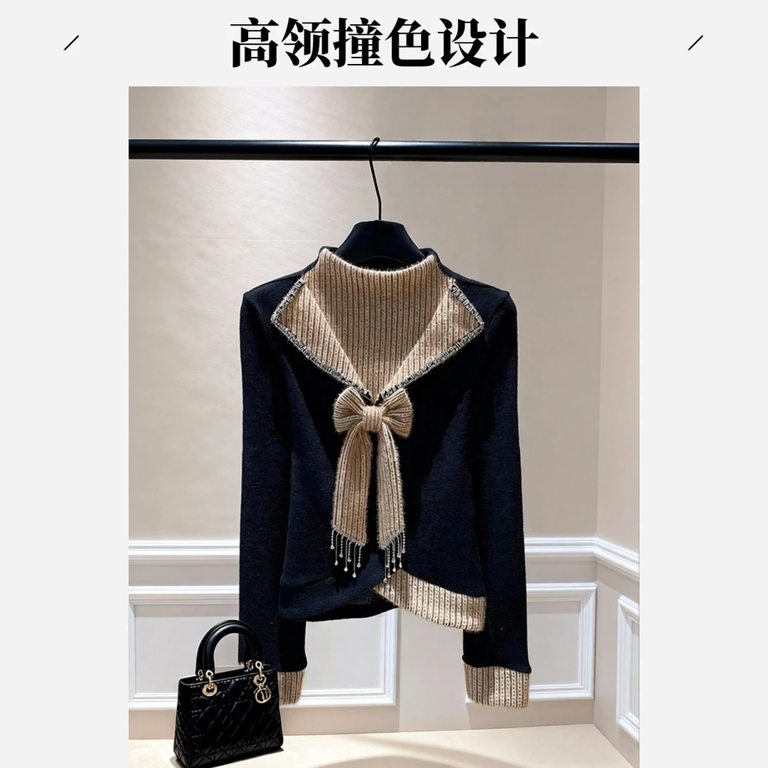 小众设计感蝴蝶结黑色毛衣秋冬时尚拼接内搭打底衫法式宽松针织衫