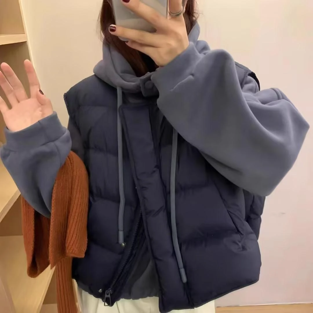 新款潮宽松马甲连帽加绒卫衣两件套装-马甲衣长55 卫衣衣长60秋冬