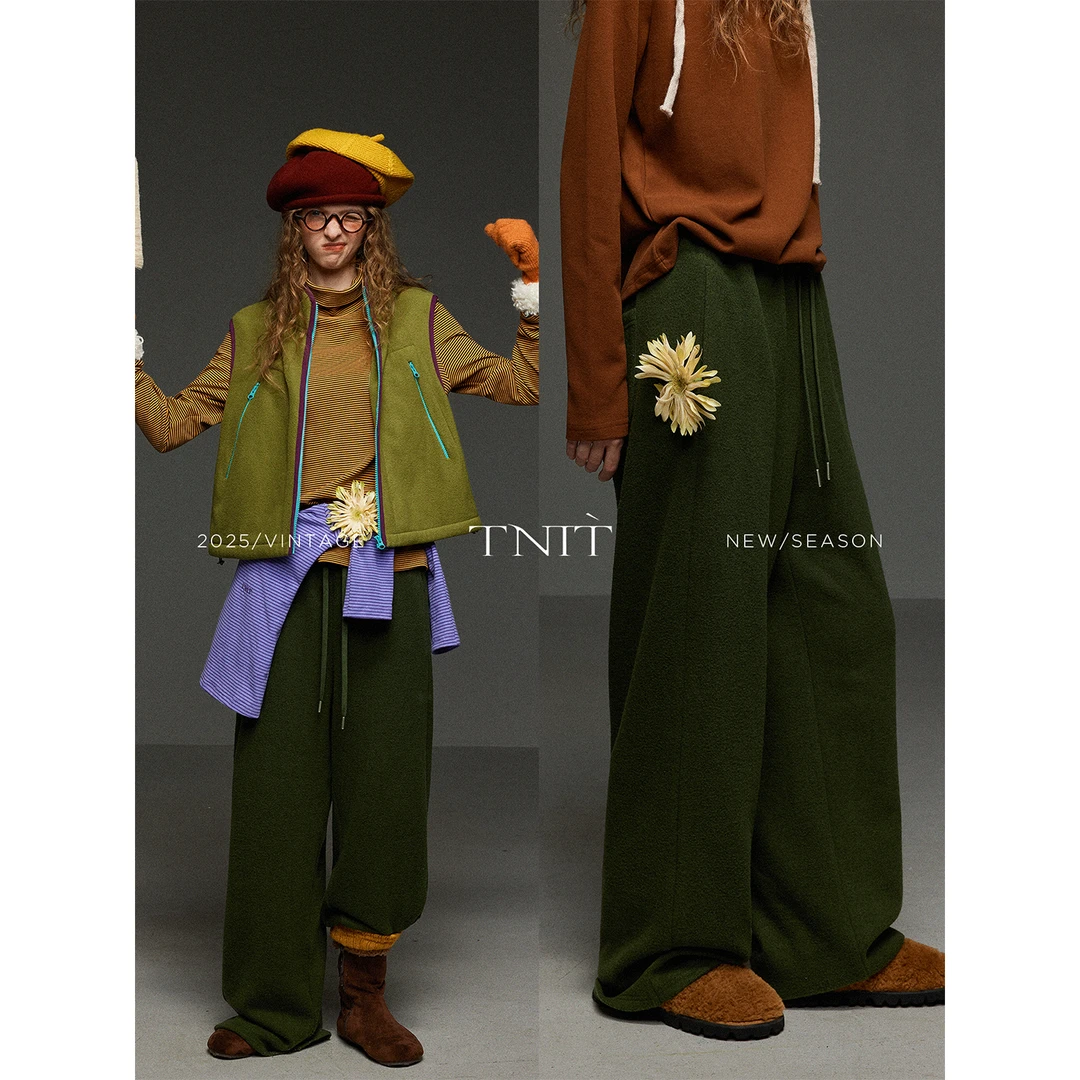 TNIT复古简约舒适宽松百搭阔腿休闲长裤女秋冬松紧腰抽绳直筒卫裤