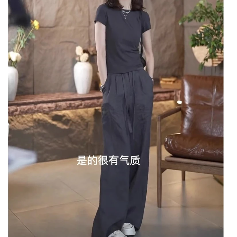 仙梦语欧货复古休闲运动套装女夏时髦洋气显瘦正肩上衣高腰阔腿裤