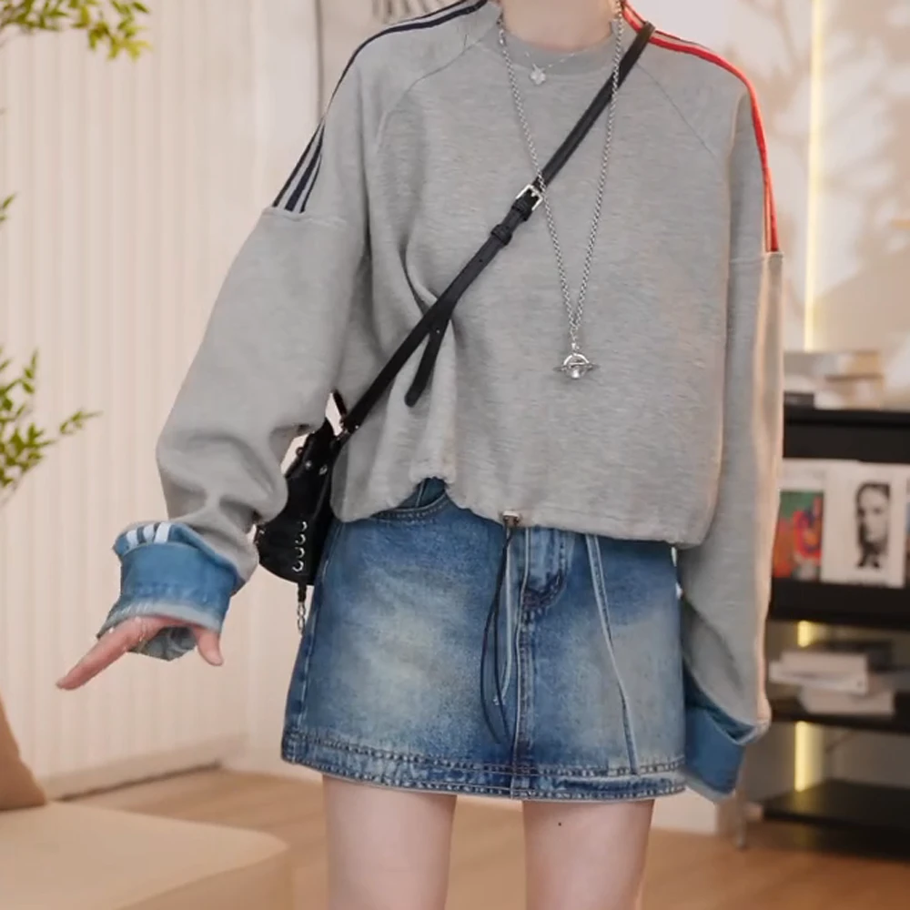 慵懒风宽松短款拼接抽绳卫衣女2025春季新款休闲百搭上衣气质女装