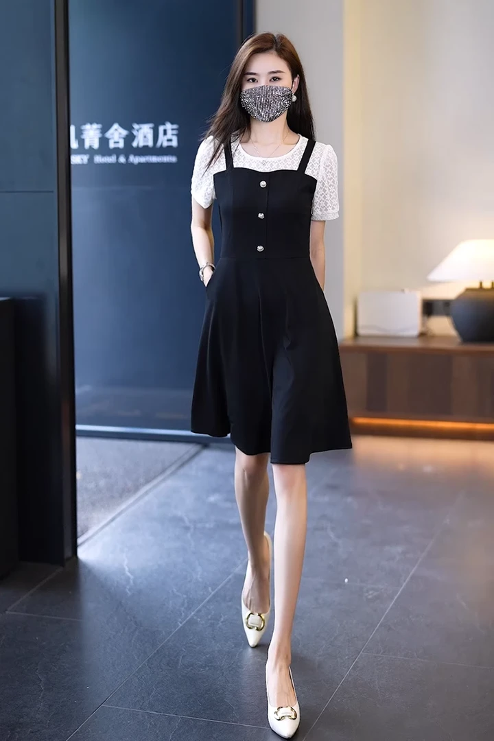 连衣裙女2025年新款夏季短袖假两件时尚气质百搭收腰显瘦中长裙子