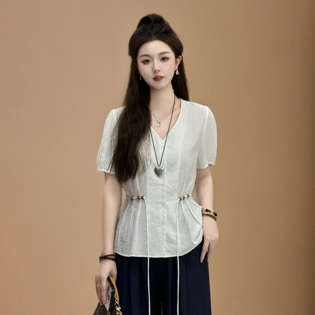 宿慕SUMU气质V领收腰短袖小衫女2025新款夏季衬衫中长款小众女装