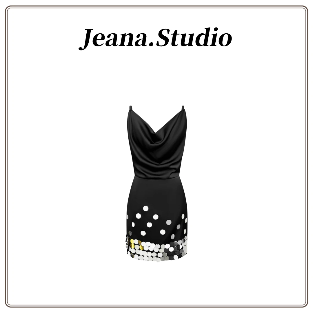 【Jeana.studio】原创设计法式吊带V领荡领缝制大亮片连衣裙