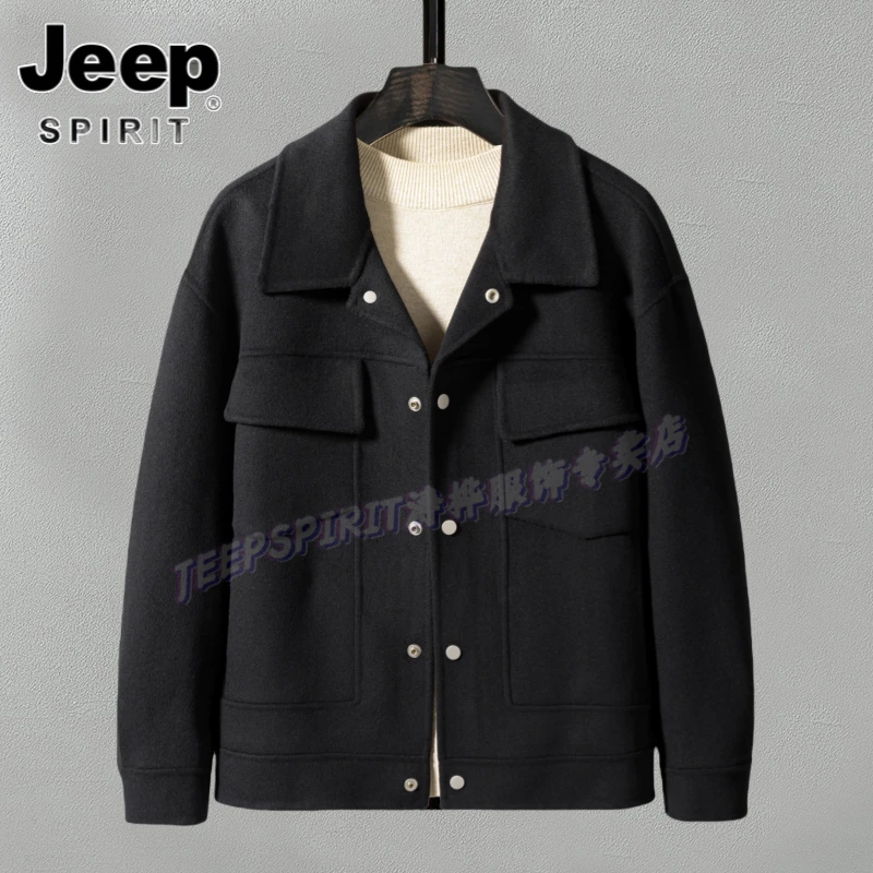 Jeep吉普秋冬黑色羊毛呢子翻领青年外套加厚保暖呢子百搭男生夹克