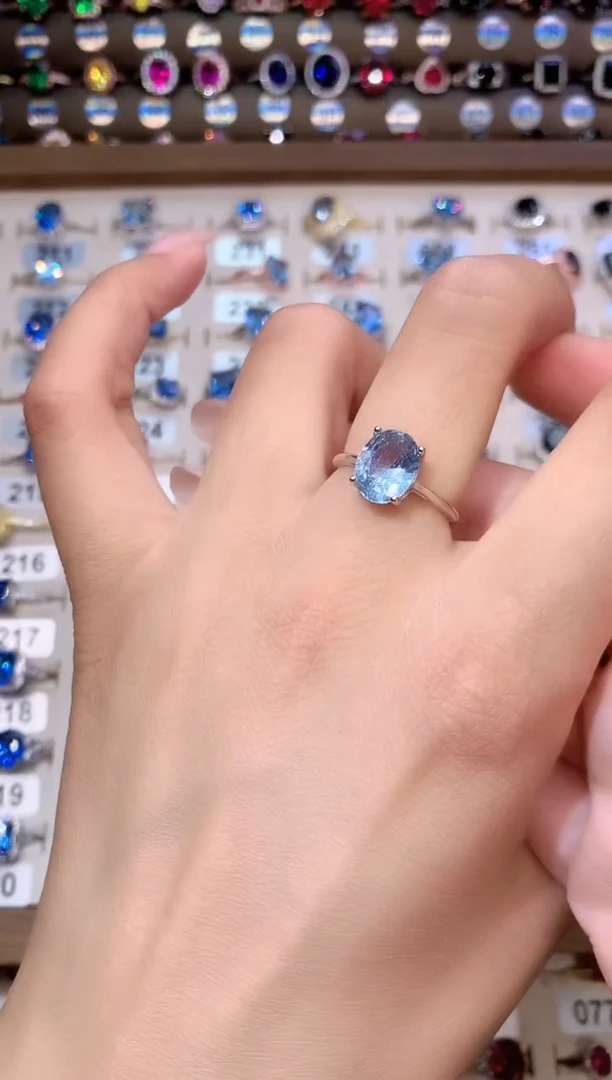 海蓝宝石戒指银S925镶嵌银色