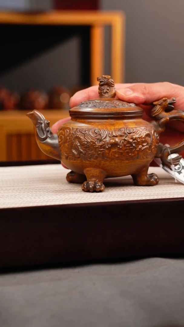 茶壶紫砂龙骨金砂 三足龙尊 刻绘