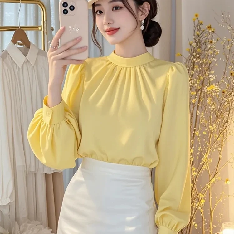 2567#轻奢黄色时尚气质上衣女春季新款高级感小香风职业长袖衬衫