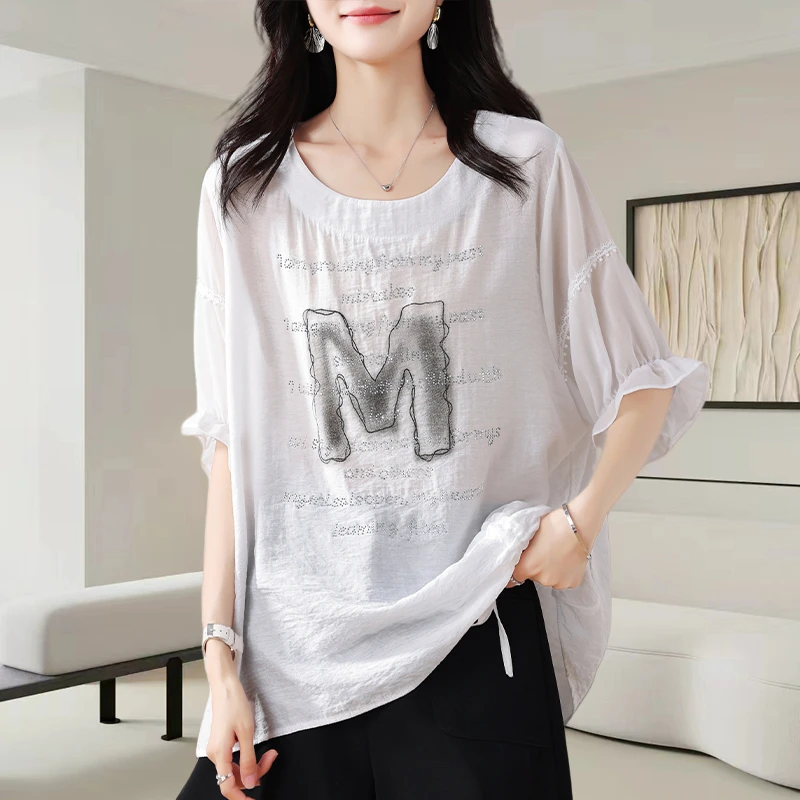 白色圆领烫钻短袖t恤女士2025夏季新款时尚宽松显瘦休闲百搭上衣
