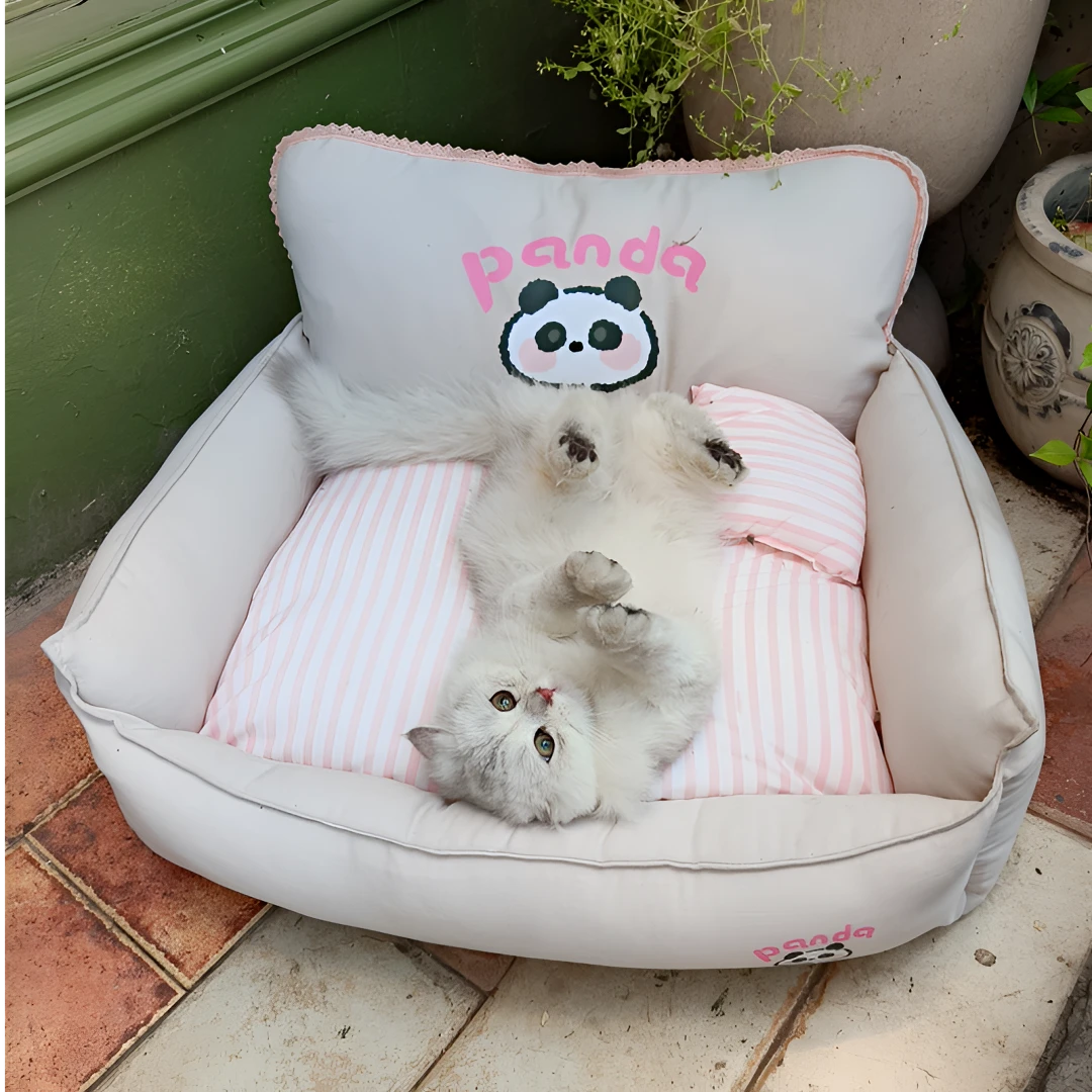 可拆洗冷感宠物沙发窝粉条纹色韩系春狗窝猫窝公主风 熊猫