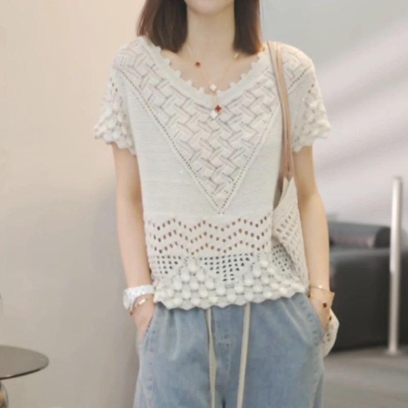 【风吹麦浪】2025春夏新款时尚重工手工镂空针织上衣LK2503109