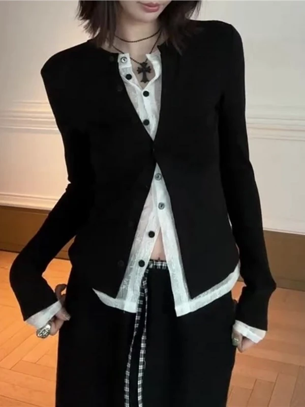 韩版撞色蕾丝拼接假两件长袖女秋冬季2025新款时尚设计感开衫上衣