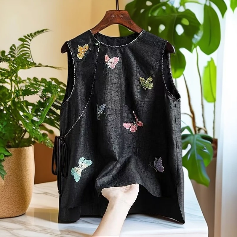 复古文艺无袖蝴蝶马甲衬衫女夏季印花系带百搭休闲宽松中国风上衣