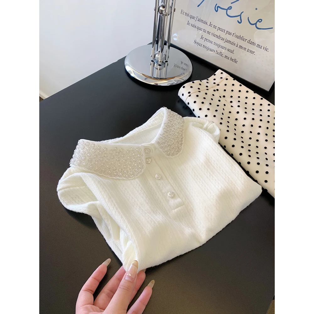 白色polo领小衫短袖t恤女士小个子短款正肩直筒显瘦气质上衣韩系