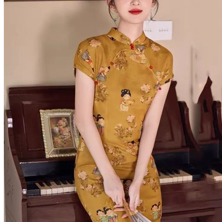 现598-3#新中式小唐人黄色旗袍气质少女高级感复古小众设计连衣裙