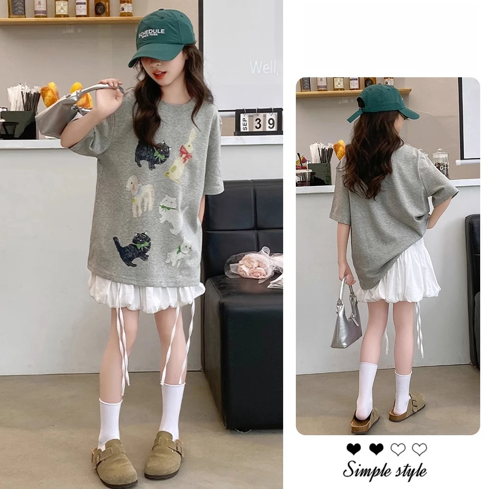 女大童夏季套装裙洋气青少年初中生卡通半袖t恤半身裙两件套薄款