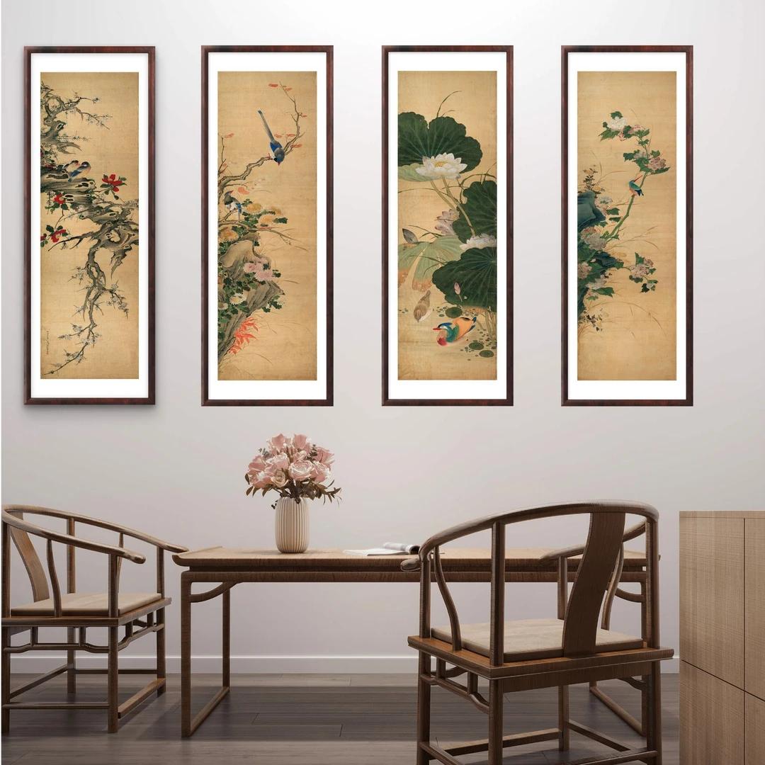 882- 35*95花鸟四联玄关走廊书房茶室办公室实木装饰画