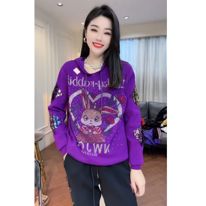 女王家潮牌 烫钻紫色小兔连帽运动套装25年春季新款卫衣长裤